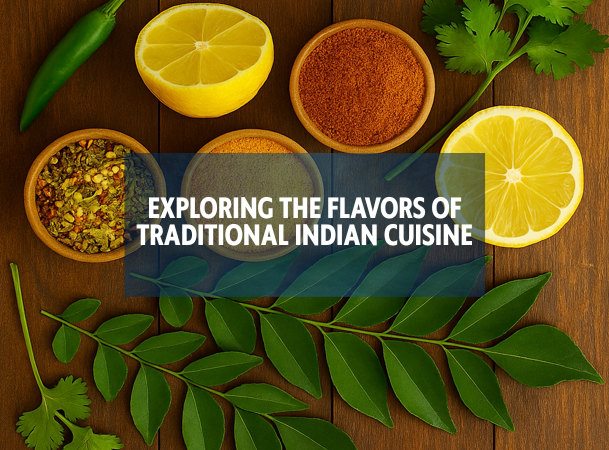 Spices, lemons, and herbs on a wooden surface with text overlay about traditional Indian cuisine.